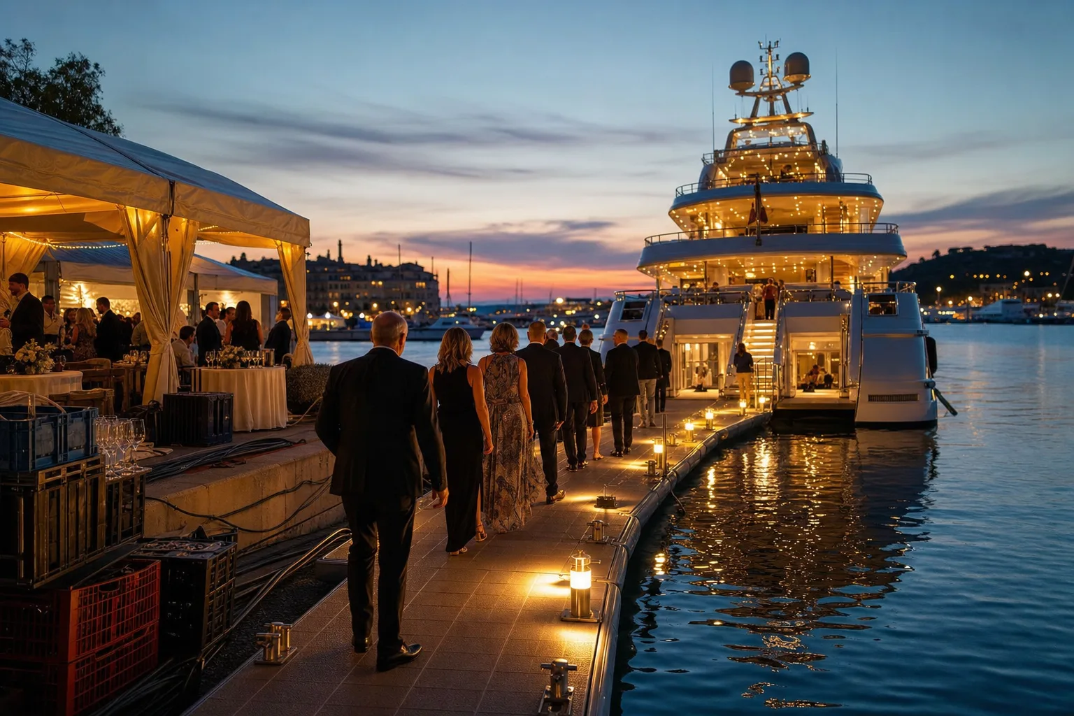 Guests boarding a yacht from a lit pontoon at dusk